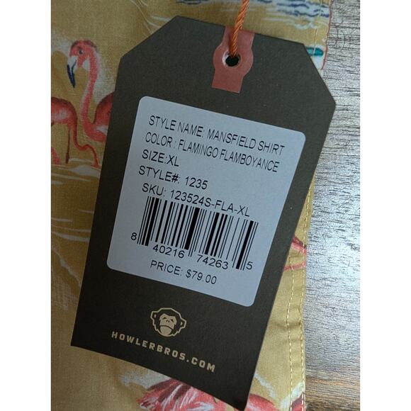 NWT Howler Brothers The Original Mansfield Shirt Mens XL Yellow Flamingo Pattern - Picture 3 of 5